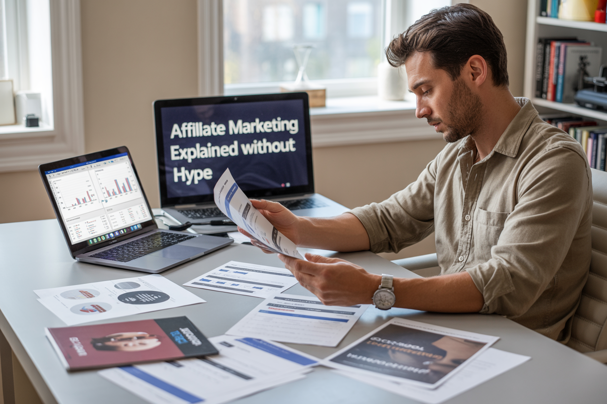 Create a realistic image of a clean, modern workspace with a laptop displaying analytics charts and graphs, surrounded by scattered marketing materials including product brochures and commission reports, a white male in his 30s wearing a casual button-down shirt sitting at the desk reviewing documents with a focused expression, soft natural lighting from a window, professional home office background with bookshelves, include the text "Affiliate Marketing Explained Without Hype" prominently displayed on the laptop screen or as an overlay on the image.