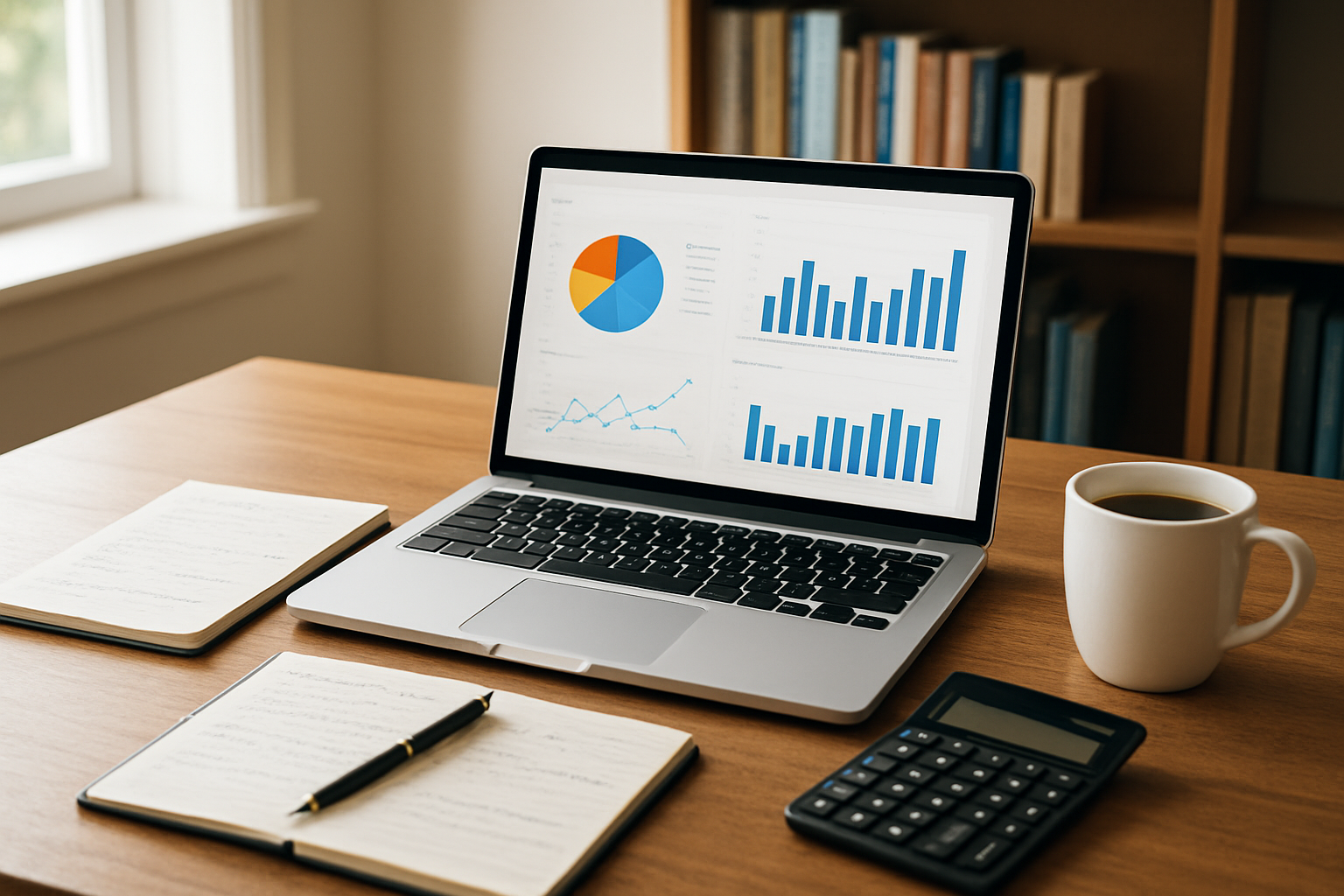 Create a realistic image of a clean, organized home office workspace with a laptop computer open displaying analytics charts and graphs on the screen, a notepad with handwritten notes beside it, a calculator, and a coffee cup on a wooden desk, with natural daylight streaming through a nearby window creating soft lighting, conveying a professional yet approachable atmosphere of focused work and achievement, with bookshelves containing business and marketing books visible in the blurred background, absolutely NO text should be in the scene.