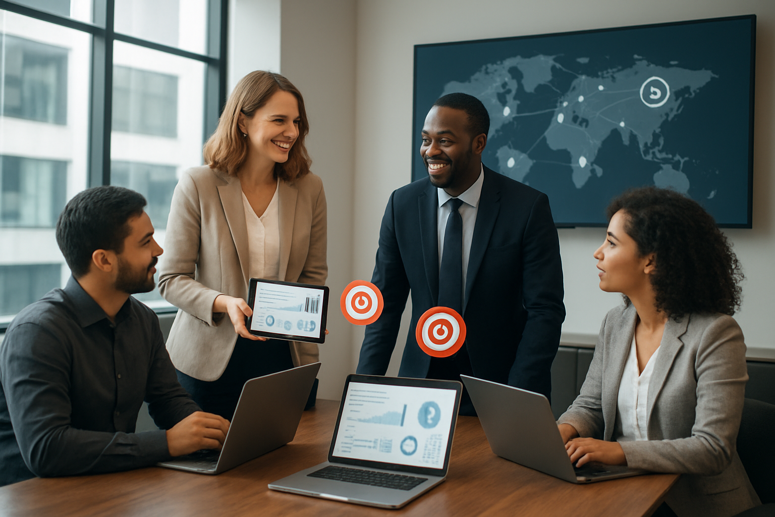 Create a realistic image of a diverse group of professionals including a white female and black male marketing specialist standing around a modern conference table with laptops and tablets displaying analytics dashboards, targeting icons floating above the devices showing bullseye symbols and demographic indicators, large wall-mounted screens in the background showing audience reach maps with connecting lines to different user segments, clean modern office environment with natural lighting from large windows, professional atmosphere with focus on digital marketing strategy planning, Absolutely NO text should be in the scene.