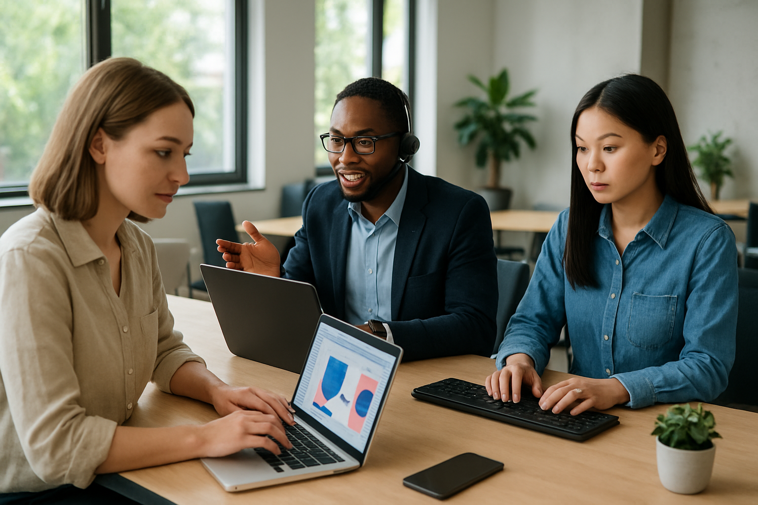 Create a realistic image of a diverse group of professionals working on service-based online businesses, featuring a white female graphic designer working on a laptop with design software, a black male consultant speaking on a video call, and an Asian female writer typing on a computer, all in a modern coworking space with natural lighting from large windows, clean desks with laptops and smartphones, plants in the background, and a collaborative atmosphere showing the variety of service-based online work opportunities, absolutely NO text should be in the scene.