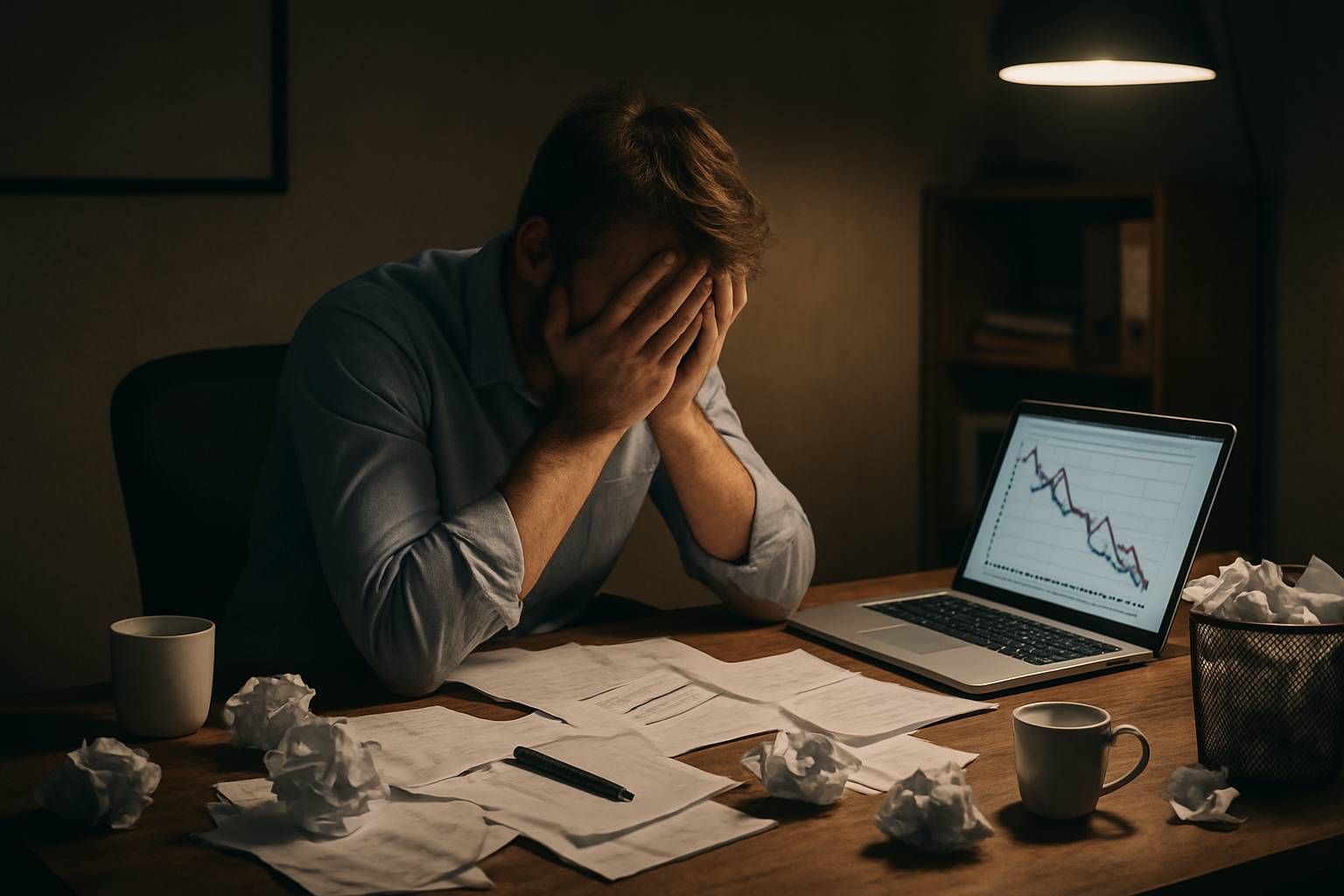 Create a realistic image of a frustrated white male sitting at a cluttered desk with his head in his hands, surrounded by scattered papers, an open laptop showing declining graph charts, empty coffee cups, and crumpled documents on the floor, set in a dimly lit home office with harsh overhead lighting casting shadows, conveying disappointment and overwhelm in affiliate marketing failures, with a wastepaper basket overflowing with rejected promotional materials nearby. Absolutely NO text should be in the scene.