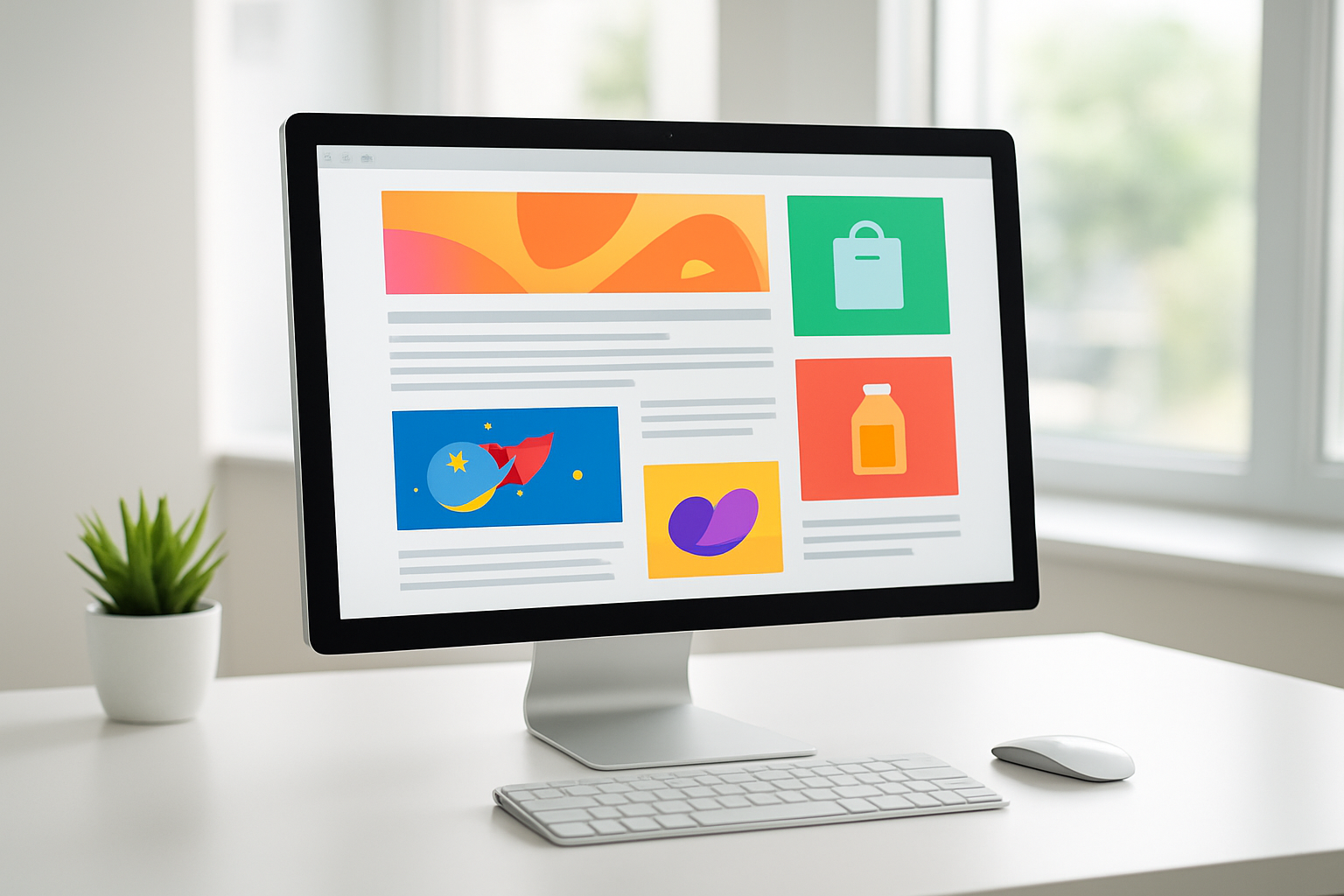 Create a realistic image of a modern computer screen displaying a website with colorful banner advertisements positioned at the top, sidebar, and between content sections, showing various ad formats including rectangular display ads and square sidebar ads with vibrant graphics representing different brands and products, placed on a clean desk in a bright office environment with natural lighting from a window, capturing the essence of digital advertising revenue generation. Absolutely NO text should be in the scene.