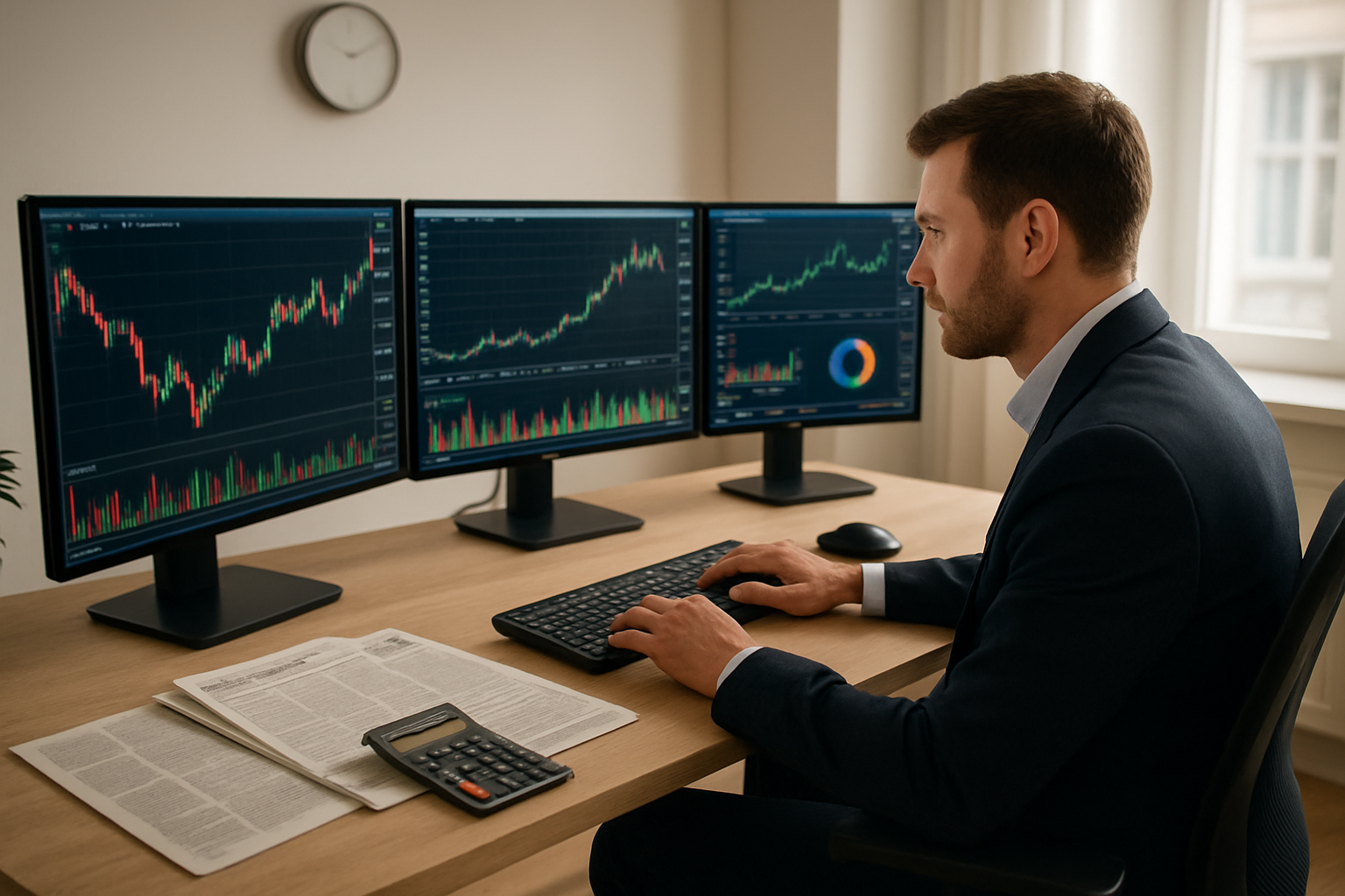Create a realistic image of a modern desk setup with multiple computer monitors displaying financial charts, stock market graphs, and cryptocurrency trading interfaces, with a white male professional in business attire analyzing investment data, surrounded by financial newspapers, calculator, and smartphone showing market apps, set in a well-lit home office with natural lighting from a window, creating a focused and productive atmosphere for online wealth building activities, absolutely NO text should be in the scene.