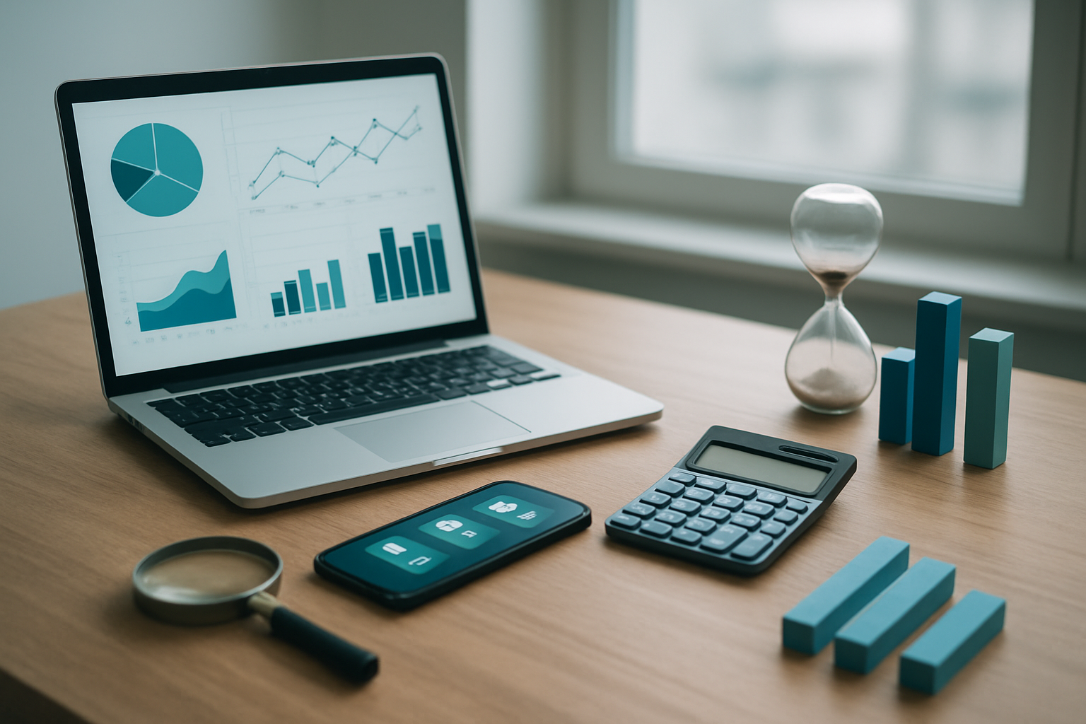 Create a realistic image of a modern office desk with a laptop computer displaying analytics dashboard with graphs and charts, a smartphone showing social media notifications, magnifying glass representing SEO research, calculator for cost analysis, hourglass symbolizing time investment, and bar charts comparing different metrics, all arranged on a clean wooden desk surface with soft natural lighting from a window, professional business atmosphere with subtle blue and green color tones, absolutely NO text should be in the scene.