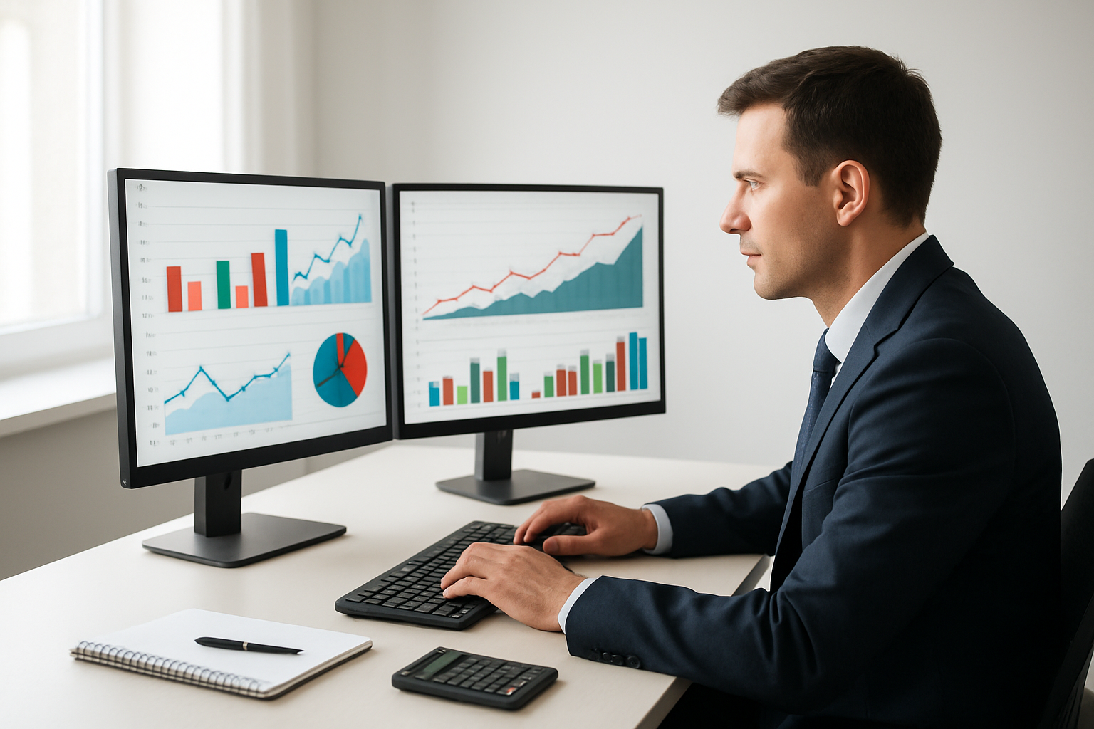Create a realistic image of a modern office desk with dual computer monitors displaying colorful analytics dashboards and performance charts, a white male professional in business attire sitting and analyzing data on the screens, with bar graphs and line charts visible on the monitors showing upward trends, a clean white office background with soft natural lighting from a window, a focused and analytical mood, with a calculator, notepad, and coffee cup on the desk, absolutely NO text should be in the scene.