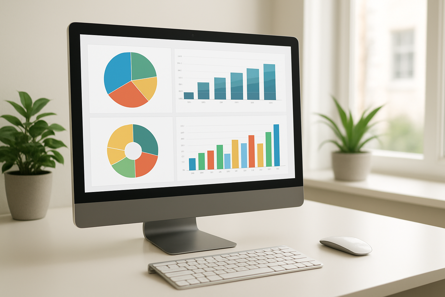 Create a realistic image of a modern office workspace with a large computer monitor displaying analytics dashboards showing different traffic source charts and graphs, with colorful pie charts and bar graphs visible on screen representing various traffic channels, a clean white desk with a wireless mouse and keyboard, soft natural lighting from a window in the background, professional and organized atmosphere with some green plants nearby, absolutely NO text should be in the scene.