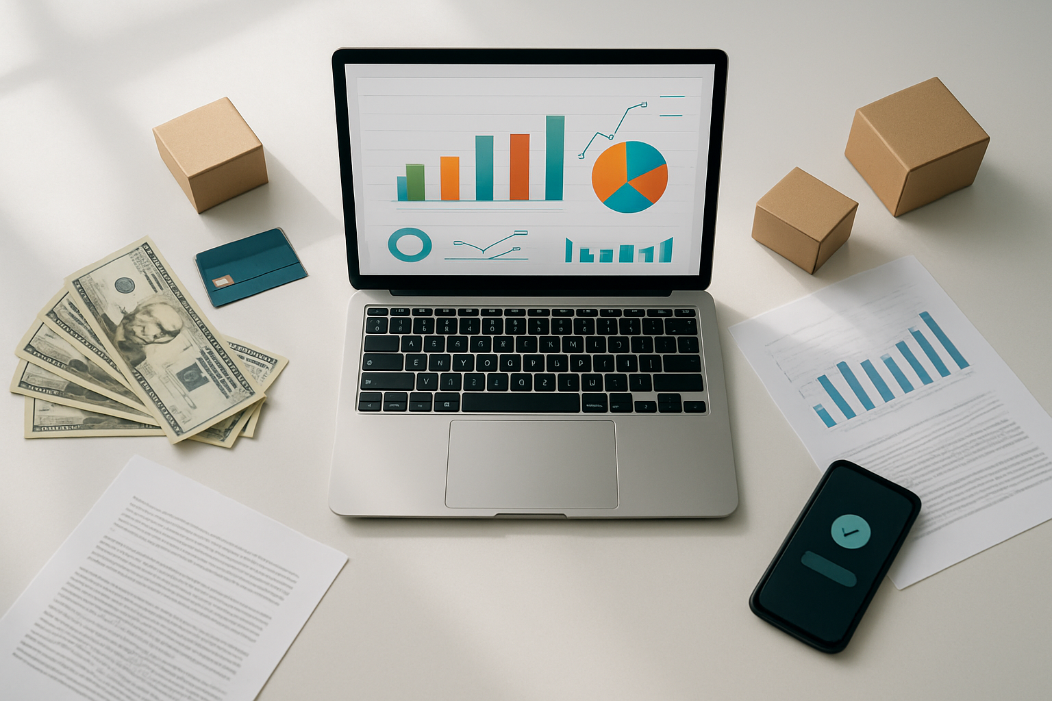 Create a realistic image of a modern workspace desk from an overhead view showing a laptop displaying website analytics dashboard with colorful graphs and charts, surrounded by scattered dollar bills, credit cards, a smartphone showing payment notifications, small product packages, and business documents, all arranged on a clean white desk surface with soft natural lighting from a window, creating a professional and successful atmosphere that represents multiple online revenue streams, absolutely NO text should be in the scene.