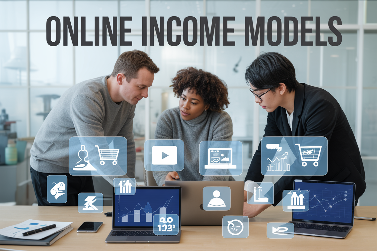 Create a realistic image of a modern workspace featuring a diverse group of three people (one white male, one black female, one Asian male) collaborating around a sleek desk with multiple laptops and tablets displaying various charts, graphs, and income dashboards, surrounded by floating holographic icons representing different online income streams including e-commerce shopping carts, video play buttons, investment charts, and service symbols, set against a clean modern office background with soft natural lighting from large windows, with the text "Online Income Models" prominently displayed in bold modern typography at the top of the image.