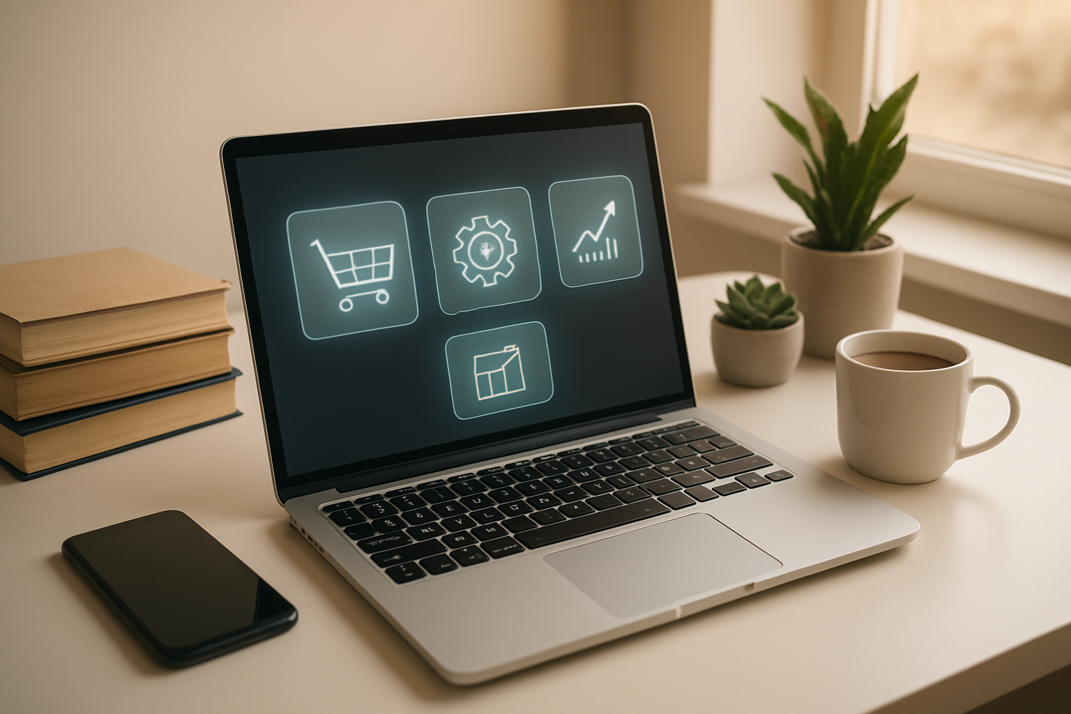 Create a realistic image of a modern workspace featuring a laptop displaying various digital income streams represented by subtle icons (shopping cart, service symbols, content creation tools, investment graphs) floating above the screen in a soft holographic style, with a stack of books about online business, a smartphone, a coffee cup, and some plants on a clean white desk, warm natural lighting coming from a nearby window creating a successful and inspiring atmosphere, shot from a slightly elevated angle to show the complete workspace setup, Absolutely NO text should be in the scene.