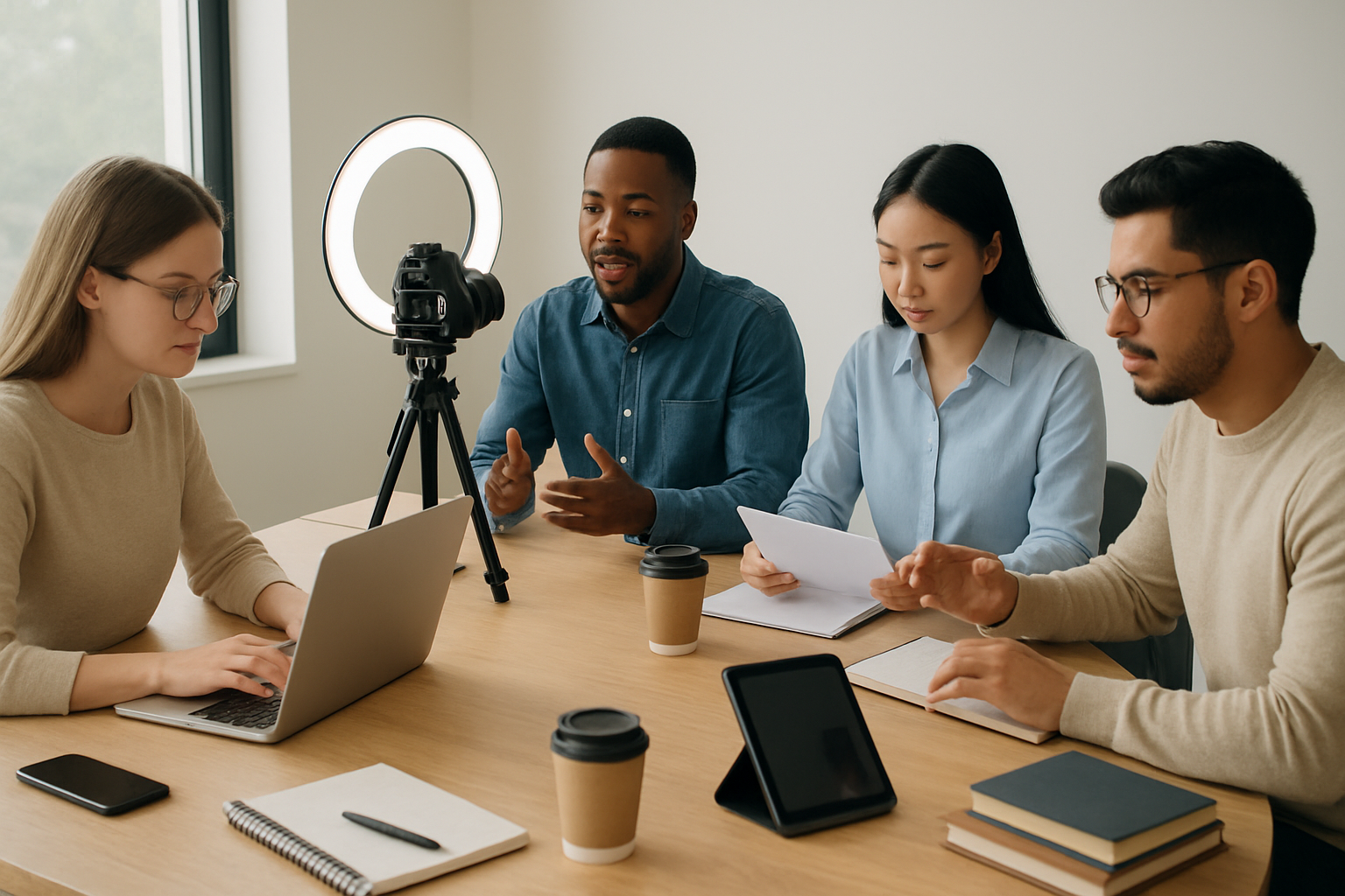 Create a realistic image of a modern workspace scene featuring a diverse group of professionals demonstrating various affiliate marketing skills, including a white female working on a laptop with analytics charts visible on screen, a black male creating content with a camera and ring light setup, an Asian female reviewing documents and taking notes, and a Hispanic male conducting a video call on a tablet, all surrounded by essential tools like notebooks, smartphones, marketing books, and coffee cups on a clean wooden desk, with natural lighting from a large window creating a productive and focused atmosphere, absolutely NO text should be in the scene.
