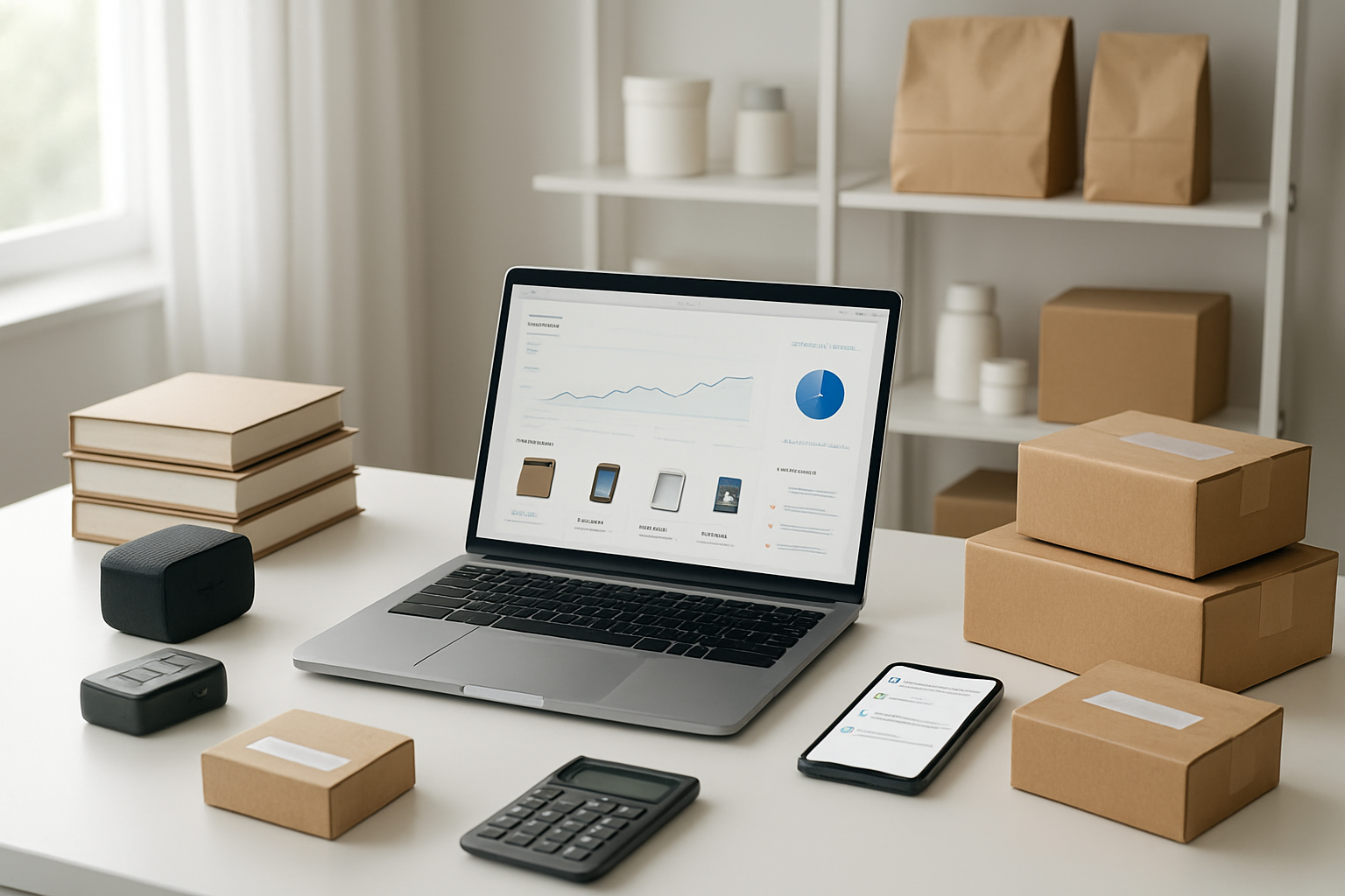 Create a realistic image of a modern workspace setup showing multiple product-based revenue streams with a clean white desk featuring a laptop displaying an e-commerce dashboard, neatly arranged physical products including books, small electronics, and packaged goods, a smartphone showing sales notifications, scattered shipping boxes, a calculator, and organized product inventory in the background, with soft natural lighting from a window creating a professional and productive atmosphere, absolutely NO text should be in the scene.