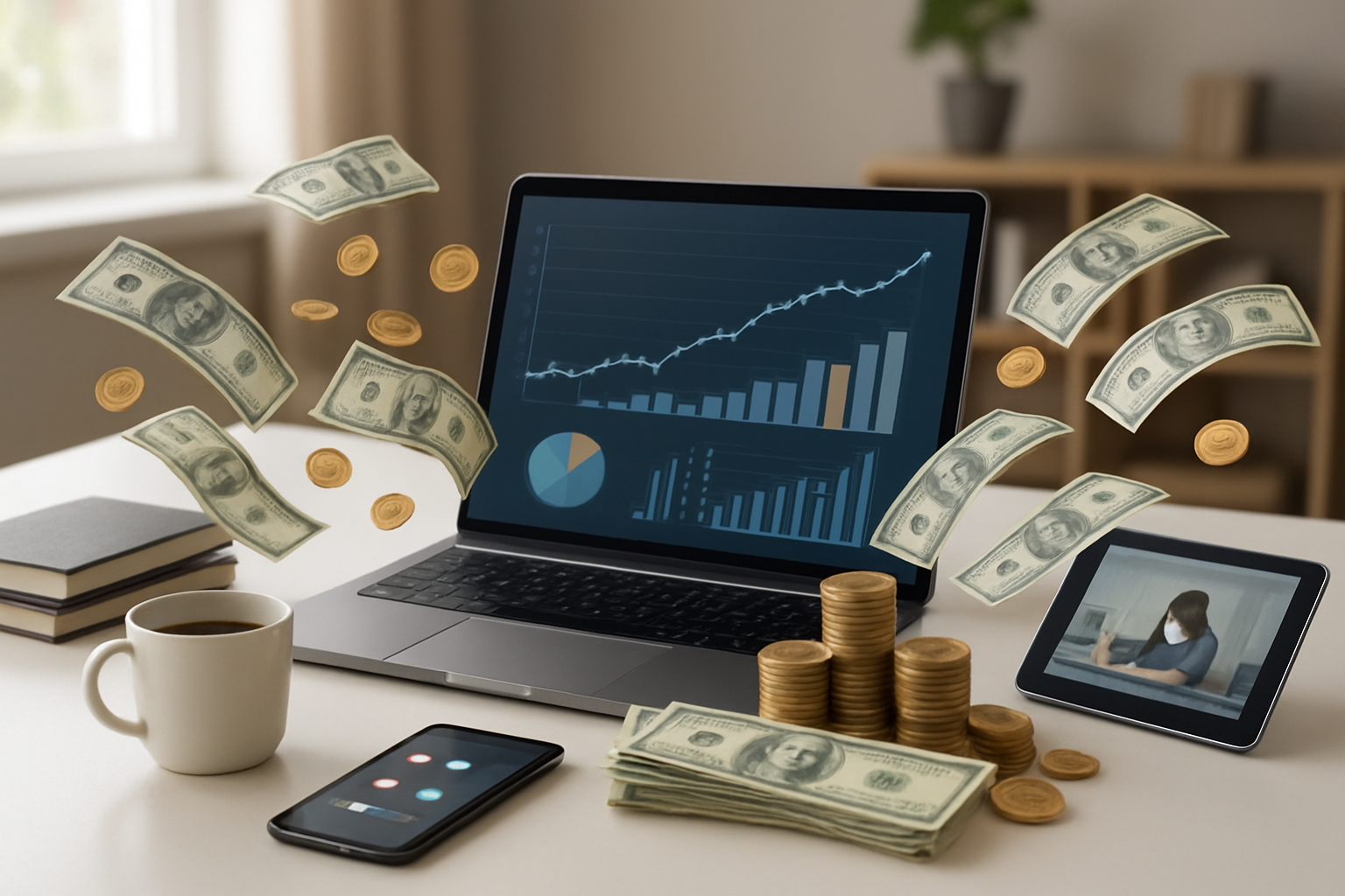 Create a realistic image of a modern workspace setup showing multiple income streams flowing from digital content, featuring a sleek laptop displaying analytics charts, stacks of coins and dollar bills gradually accumulating nearby, a smartphone showing social media engagement, a tablet with video content playing, scattered business notebooks, a coffee cup, and money flowing in gentle streams from the devices toward a growing pile of cash, all arranged on a clean white desk against a soft-focused home office background with natural lighting streaming through a window, conveying growth and financial success through digital content creation, absolutely NO text should be in the scene.
