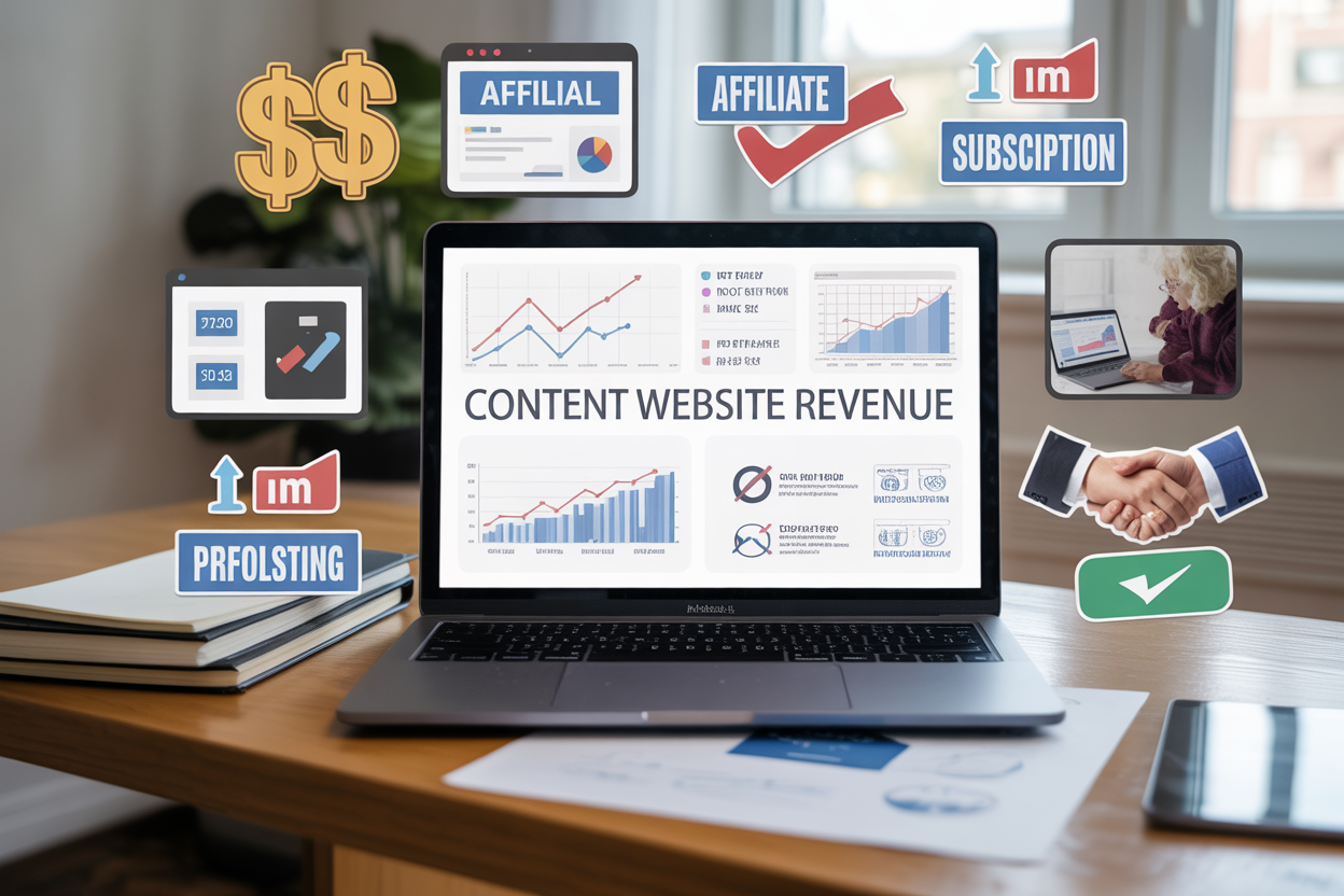 Create a realistic image of a modern workspace showing multiple revenue streams for content websites, featuring a clean desk with an open laptop displaying website analytics and graphs, surrounded by visual elements including dollar signs, affiliate marketing icons, subscription badges, digital product symbols, and partnership handshake imagery, with soft natural lighting from a window, professional atmosphere, and the text "Content Website Revenue" prominently displayed on the laptop screen.