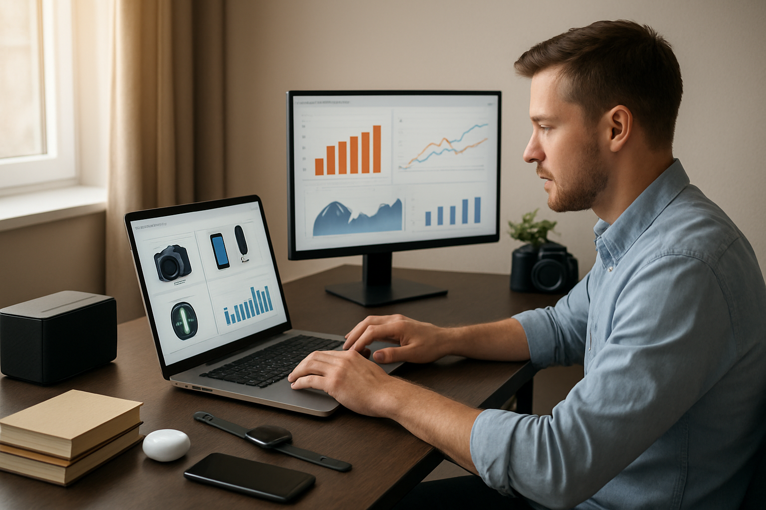 Create a realistic image of a modern workspace showing affiliate marketing in action, featuring a white male content creator sitting at a sleek desk with a laptop displaying product recommendations and commission tracking dashboards, surrounded by various products like electronics, books, and accessories that represent affiliate partnerships, with marketing charts and graphs visible on a secondary monitor, warm natural lighting from a nearby window creating a professional yet approachable atmosphere, absolutely NO text should be in the scene.