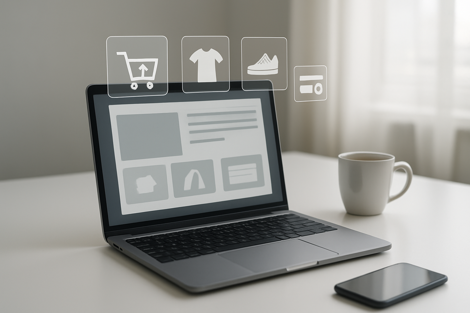 Create a realistic image of a modern workspace showing e-commerce integration with a laptop displaying a content website interface connected to shopping cart icons, payment processing symbols, and product thumbnails floating digitally above the screen, with a clean white desk, coffee cup, and smartphone nearby, soft natural lighting from a window, professional atmosphere conveying digital commerce connectivity, absolutely NO text should be in the scene.