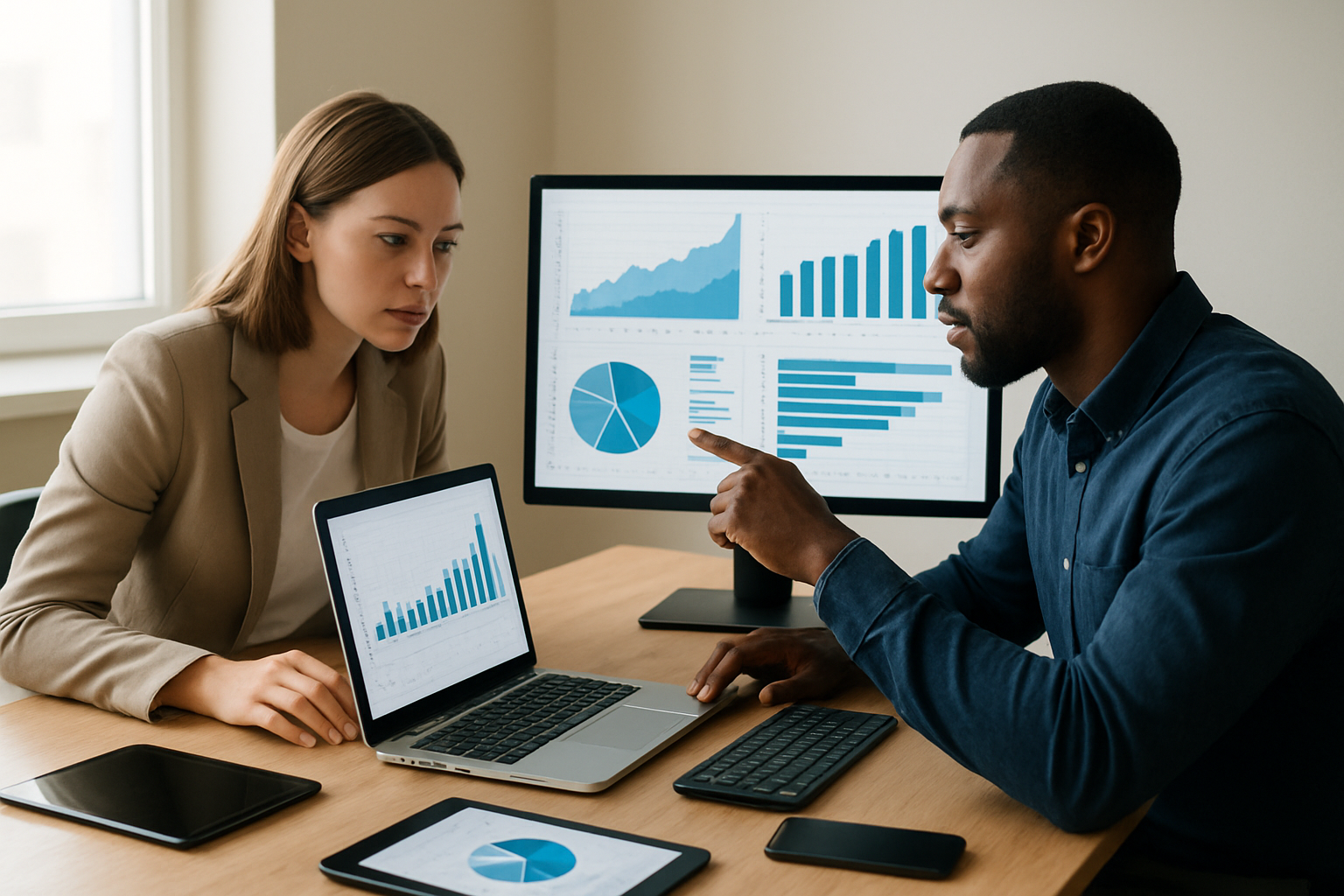 Create a realistic image of a modern workspace showing the foundation of digital revenue with a diverse group including a white female and black male professional analyzing digital income streams on multiple computer screens displaying graphs, charts, and data visualizations, surrounded by laptops, tablets, and smartphones on a clean wooden desk, with soft natural lighting from a window, creating a focused and innovative atmosphere that represents the core principles of online business models, absolutely NO text should be in the scene.