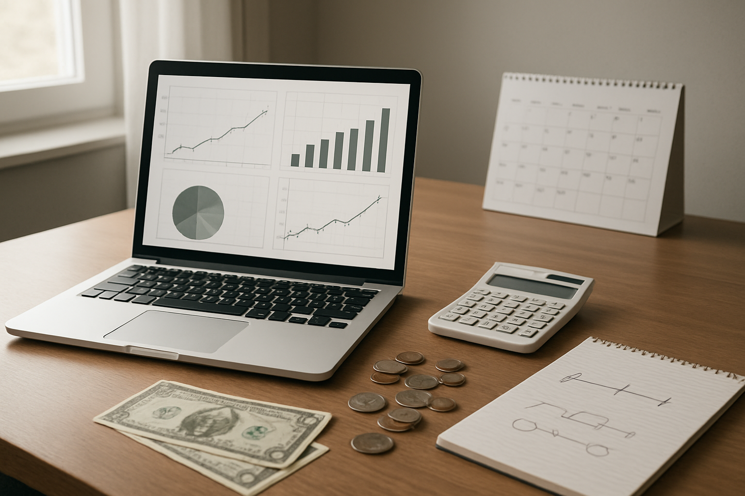 Create a realistic image of a professional workspace featuring a clean desk with a laptop displaying charts and graphs showing gradual upward growth trends, a calculator, scattered coins and dollar bills, a calendar marking months ahead, and a notepad with simple sketched timeline diagrams, all arranged in soft natural lighting from a window, with a neutral office background that conveys steady progress and realistic expectations rather than overnight success, absolutely NO text should be in the scene.