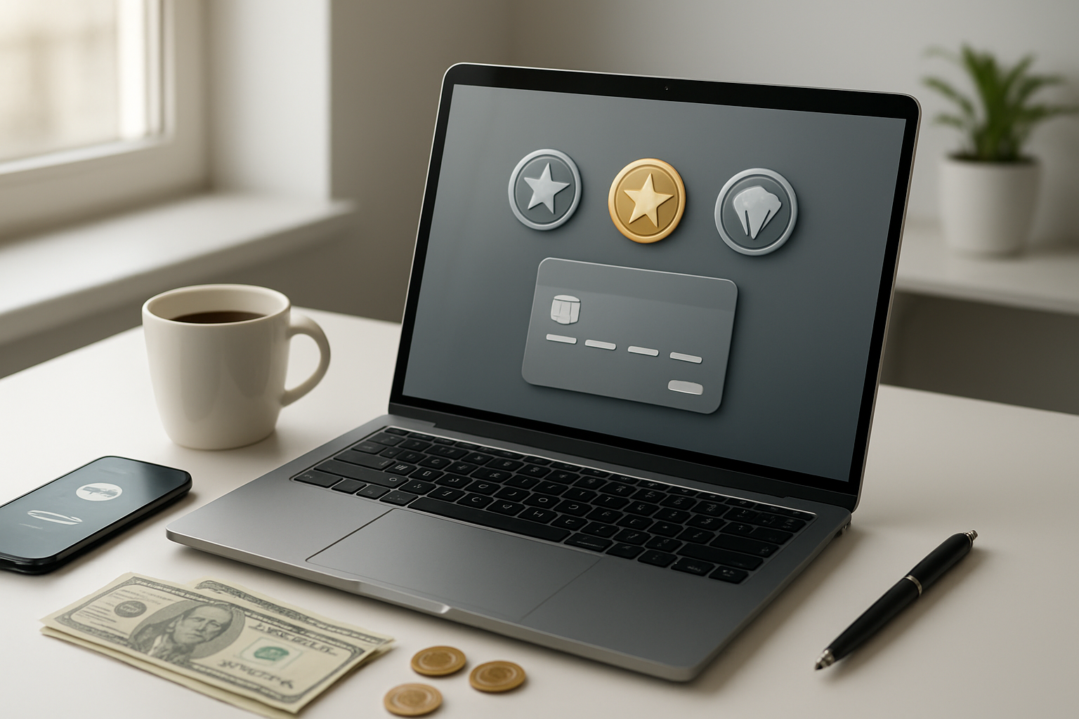 Create a realistic image of a sleek laptop computer displaying a subscription payment interface with premium membership badges and credit card icons on the screen, surrounded by modern office elements like a smartphone showing payment notifications, a coffee cup, and scattered coins and dollar bills on a clean white desk, with soft natural lighting from a window creating a professional business atmosphere, absolutely NO text should be in the scene.