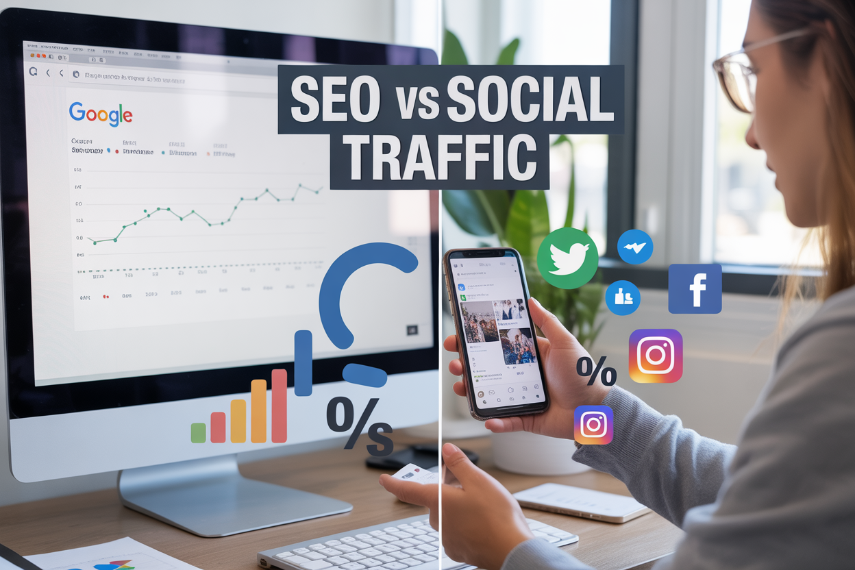 Create a realistic image of a split-screen comparison showing SEO vs Social Traffic with the left side displaying a computer screen with Google search results and organic traffic analytics graphs in blue and green, and the right side showing social media icons (Facebook, Instagram, Twitter) with engagement metrics and colorful social media feeds, include a smartphone displaying social posts, add floating analytical elements like charts and percentage symbols between both sides, use a modern office background with soft natural lighting, and overlay the text "SEO vs Social Traffic" in bold modern font at the top center of the image.