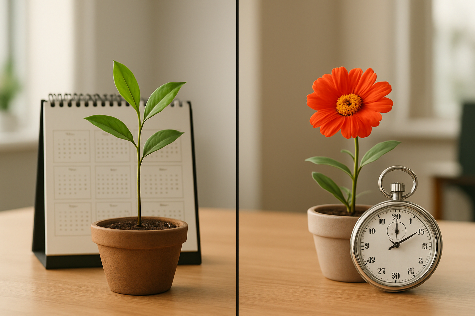 Create a realistic image of a split-screen composition showing two different timelines, with the left side displaying a slow-growing plant or tree with a calendar showing months passing by, representing long-term SEO growth, and the right side showing a fast-blooming flower with a clock or stopwatch indicating immediate results, representing quick social media traffic, set against a clean office background with natural lighting, warm and professional mood, absolutely NO text should be in the scene.