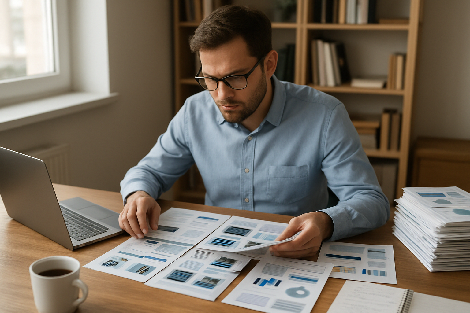 Create a realistic image of a white male professional in his 30s sitting at a modern desk with a laptop computer, carefully examining multiple product brochures and comparison charts spread across the wooden desk surface, with a focused and analytical expression, surrounded by organized stacks of marketing materials, a notepad with handwritten notes, and a coffee cup, in a well-lit home office environment with natural lighting from a window, bookshelves in the background, conveying a thoughtful decision-making atmosphere, shot from a slightly elevated angle to show the workspace clearly, absolutely NO text should be in the scene.
